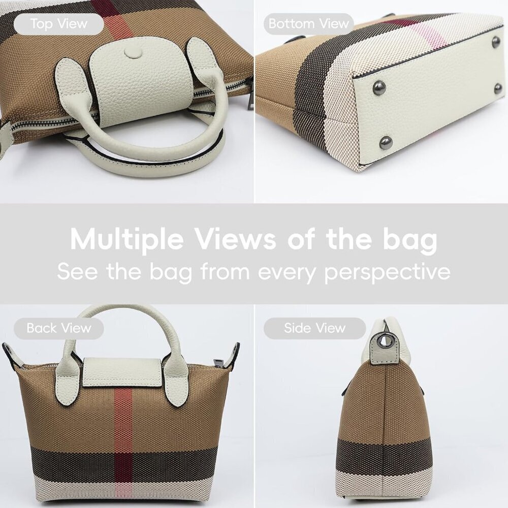 women Lvory White Vintage Leather Shoulder Bag Canvas Top Handle - Picture 5 of 8